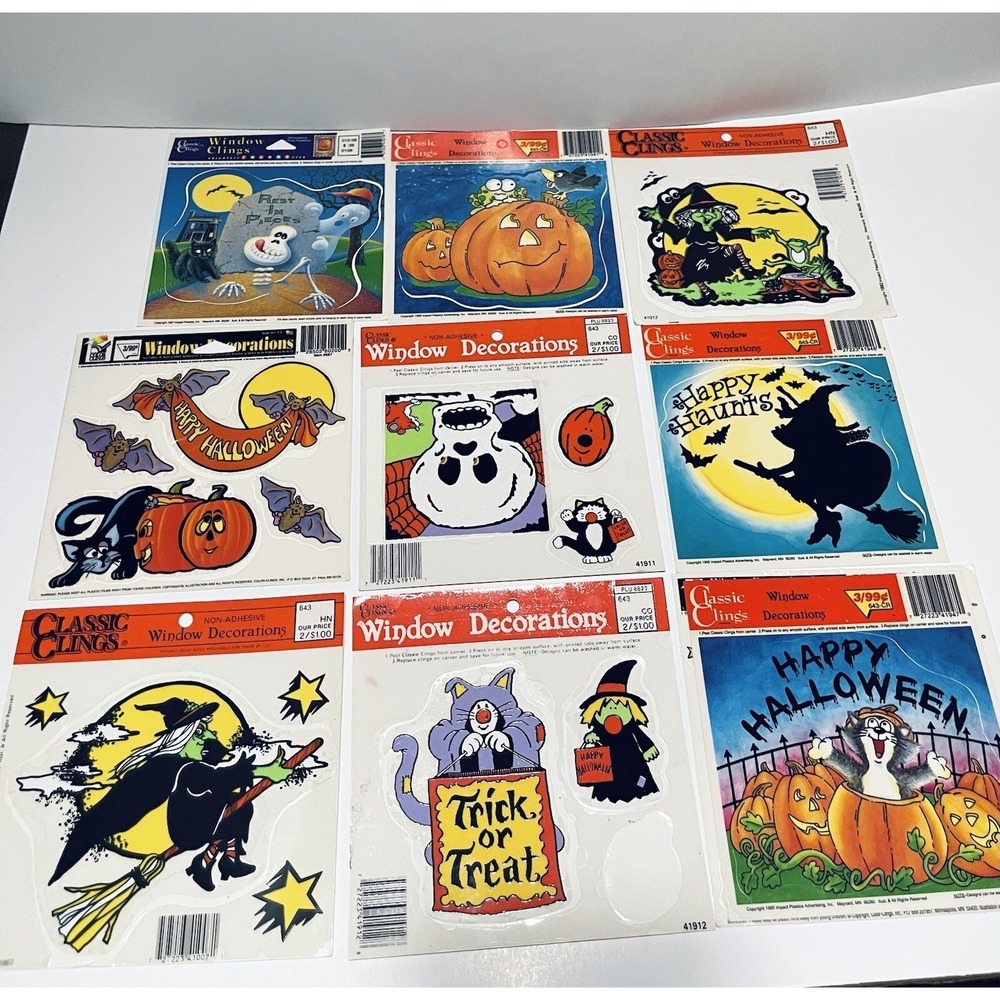 Vintage LOT OF 9 Halloween Window Decorations Reusable Static Color Clings 1995